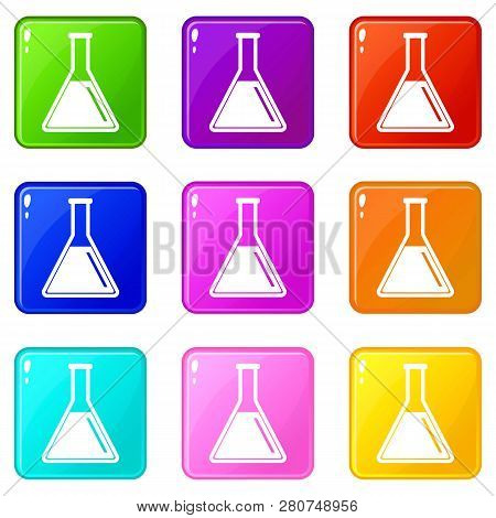 Test Tube With Oil Icons Of 9 Color Set Isolated Illustration