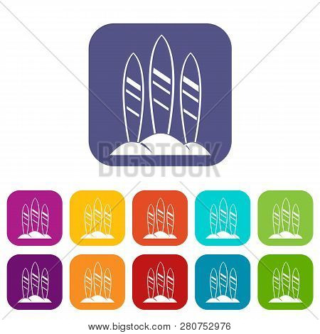 Serfing Board Icons Set Illustration In Flat Style In Colors Red, Blue, Green, And Other
