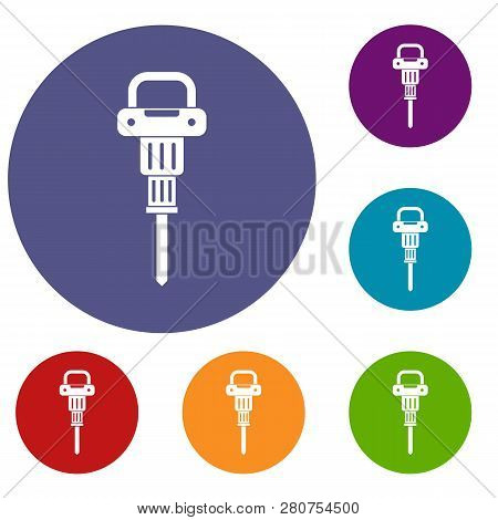Pneumatic Hammer Icons Set In Flat Circle Red, Blue And Green Color For Web