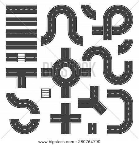 Top View Road Elements. Street Junction And Roads Objects, Asphalt City Speedway. Traffic Crossroad 