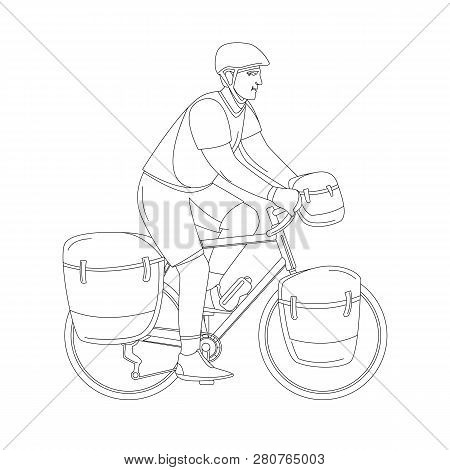 Man Travels By Bike  Vector Illustration  Lining Draw Profile Side