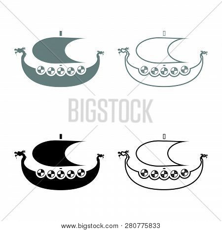Viking Drakkar Dracar Sailboat Viking's Ship Viking Boat Icon Set Grey Black Color Illustration Outl