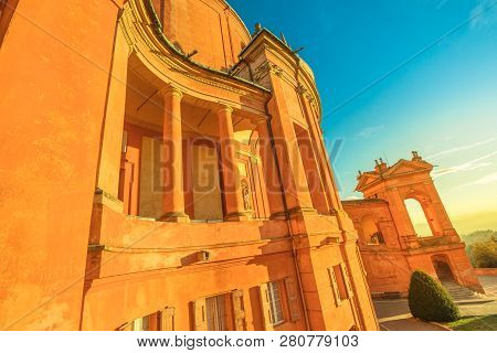 Historic Medieval Building On Colle Della Guardia In Bologna, Italy. Sanctuary Of Madonna Di San Luc