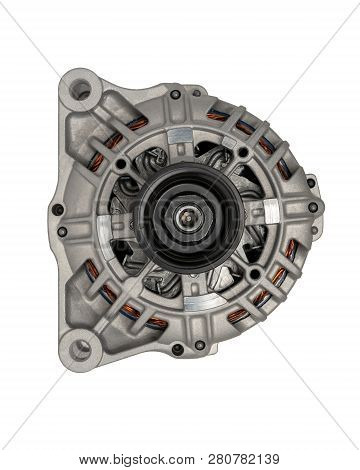 Car Power Generation. New Car Generator On A White Background In High Resolution. Front View.