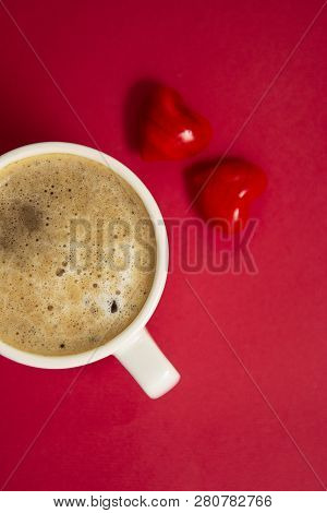 Good Morning With Hot Coffee, Lattee, Capuccino Drink Ored Background With Red Heart For Your Love, 