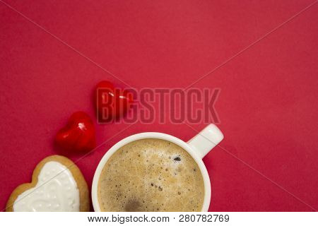 Good Morning With Hot Coffee, Lattee, Capuccino Drink Ored Background With Red Heart For Your Love, 