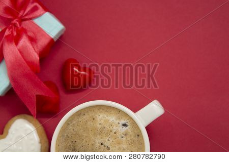 Good Morning With Hot Coffee, Lattee, Capuccino Drink Ored Background With Red Heart For Your Love, 