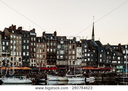 Hondleur, France - 2019.spectacular Famous Harbor In Normandy, Honfleur Skyline And Water With Boats