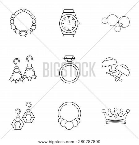 Princely Jewellery Icons Set. Outline Set Of 9 Princely Jewellery Icons For Web Isolated On White Ba