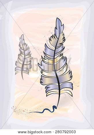 Hand Drawn Feather Pen Vector Illustration. Colorful Design With Two Feathers