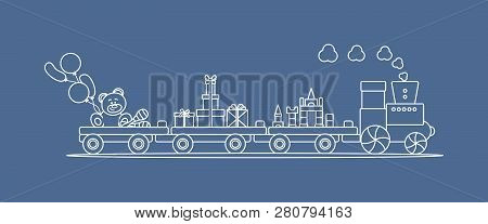 Funny Vector Illustration With Train Carries Toys: Baby Toy Musical Maracas, Designer, Bear, Gifts, 