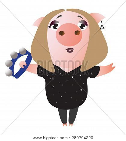 A Cute Piggy Sings And Plays On Tambourine