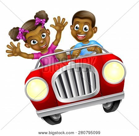 Cartoon Boy And Girl Having Fun Driving Fast In A Convertible Car