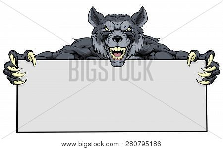 Wolf Werewolf Mascot Holding A Sign Illustration