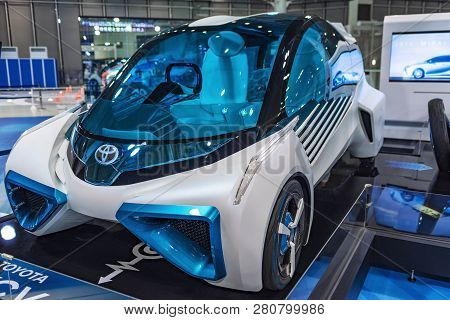 August, Japan, Tokyo.2018, Auto Exhibition Of Cars Of The Future. The Car Of The Future Is Blue. Aut