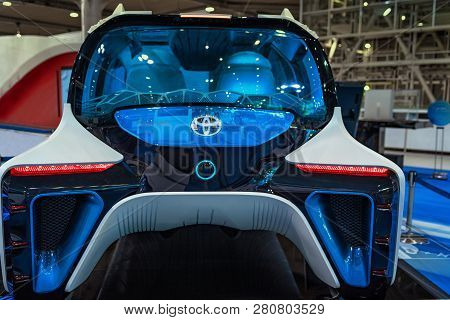 August, Japan, Tokyo.2018, Auto Exhibition Of Cars Of The Future. The Car Of The Future Is Blue. Aut