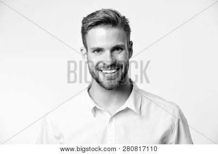 Brilliant Smile. Man Smiling Face Posing Confidently Yellow Background. Man Shop Consultant Looks Ch