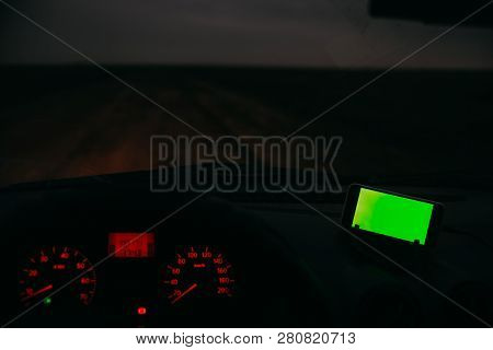 Night Road In The Car Phone With A Green Background Chroma Key