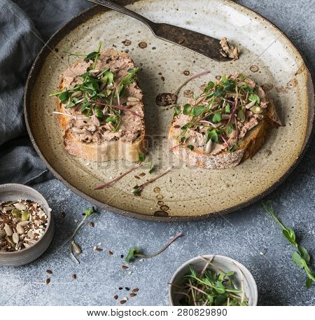 Two Toasts Duck With Prunes Rillettes Pate On White Bread With Sprouts And Various Seeds On A Vintag