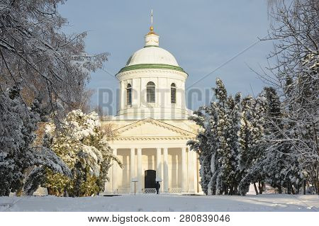 All Saints Church Covered Snow In Nizhyn, Ukraine. Orthodox Church Of Ukraine Or Ukrainian Orthodox 