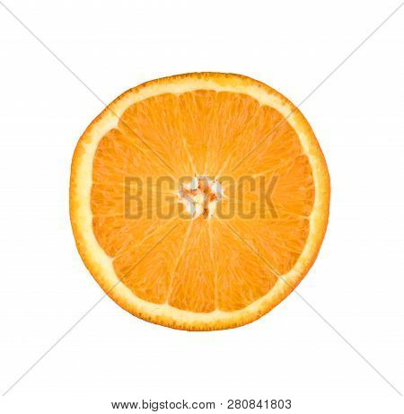 Thin Orange Fruit Slice Isolated On A White Background. Ctrus Round Slice. Food Background.