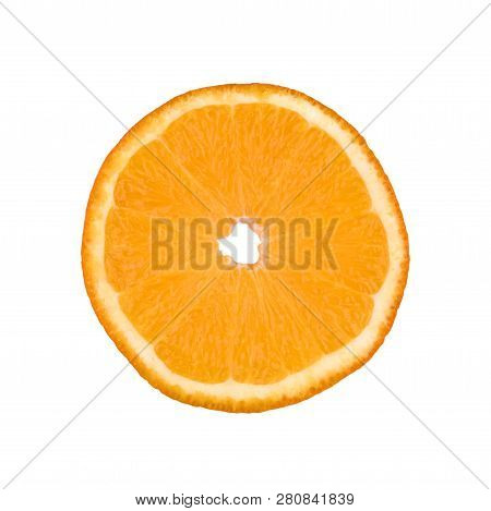 Thin Orange Fruit Slice Isolated On A White Background. Ctrus Round Slice. Food Background.