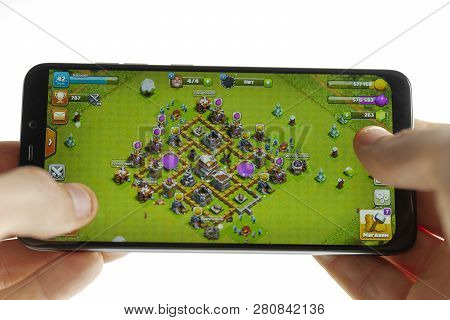 Sochi, Russia-january 27, 2018: A Man Is Playing In Minecraft Game On Smartphone