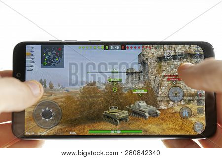 Sochi, Russia-january 27, 2018: A Man Is Playing In Minecraft Game On Smartphone