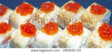 Panorama Banner Of Traditional Japanese Dishes With Uramaki Sushi, Gomoku Yakisoba, Tempura Shrimp A