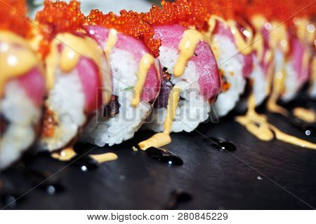 Panorama Banner Of Traditional Japanese Dishes With Uramaki Sushi, Gomoku Yakisoba, Tempura Shrimp A