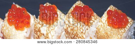 Panorama Banner Of Traditional Japanese Dishes With Uramaki Sushi, Gomoku Yakisoba, Tempura Shrimp A