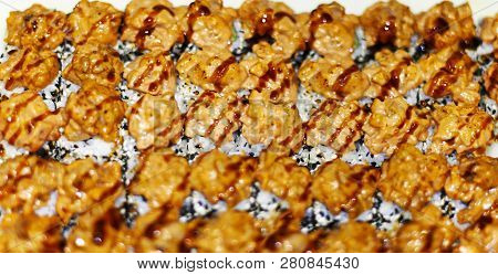 Panorama Banner Of Traditional Japanese Dishes With Uramaki Sushi, Gomoku Yakisoba, Tempura Shrimp A