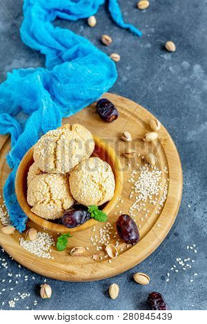 Moroccan Sesame Cookies In A Wooden Bowl.