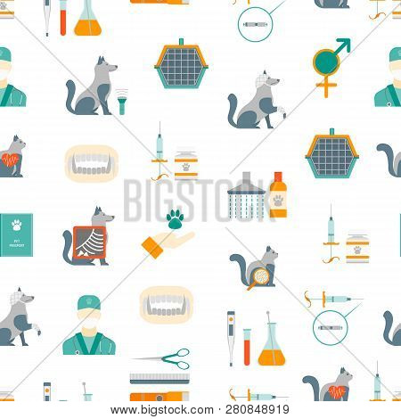 Cartoon Veterinary And Grooming Seamless Pattern Background. Vector