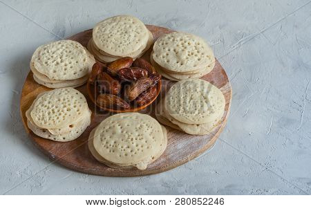 Baghrir Moroccan Pancakes. Arabic Pancakes With Dates.
