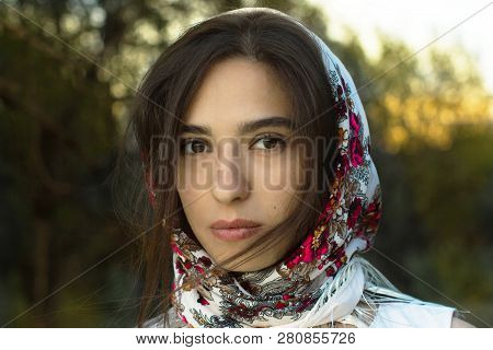 Russian Style Caucasian Woman Portret In Shawl
