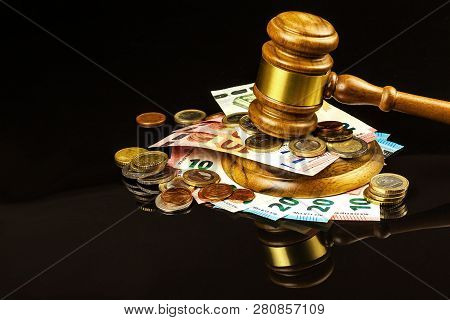 A Bribe In Court. Corruption In Justice. Judging Hammer And Euro Banknotes. Judgment For Money.