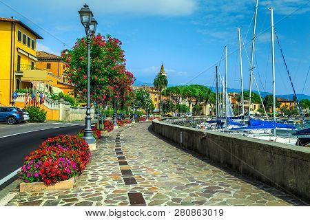 Amazing Paved Promenade With Colorful Mediterranean Flowers. Luxury Yachts, Boats And Sailing Boats 