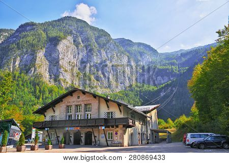 Obertraun, Austria - September 29, 2018: Valley Station Dachsteinbahn Of The Dachstein Ropeway, A Fa
