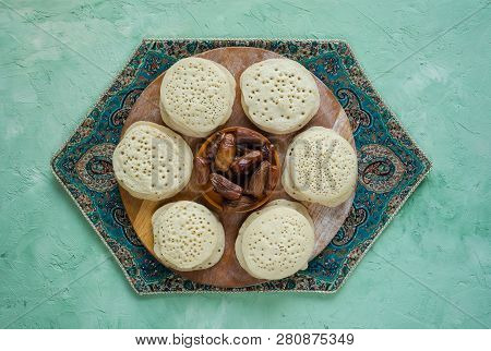 Arabic Pancakes With Dates. Baghrir Moroccan Pancakes.