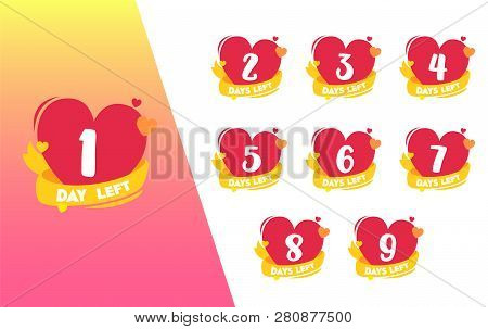 1 Day Count Left Heart Shape Valentine Badge Set. Advertising Promo Label Element Design. Shopping P