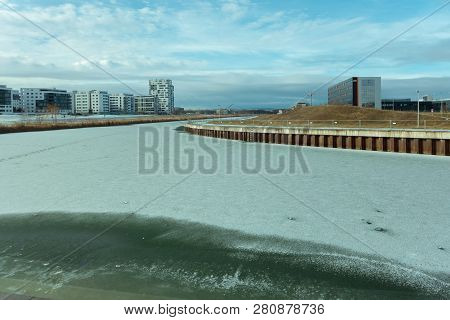 Boeblingen,germany - January 26,2019:flugfeld There Are A Lot Of New Apartment Buildings,a Small Riv