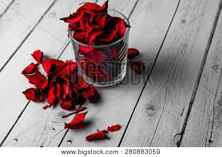 Background, Composition With Red Petals In A Glass