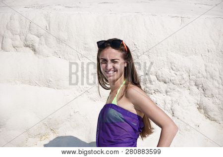 Dead Sea Salty Shore. Sexy Girl. Summer Vacation In Pamukkale. Sexy Woman With Fit Suntan Body. Cott