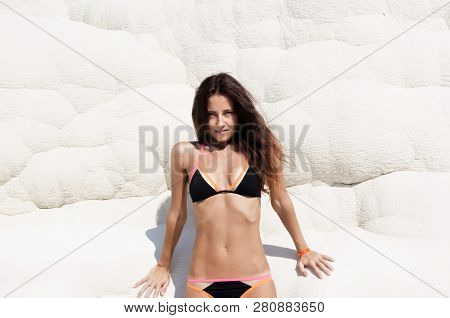 Fresh And Beautiful. Sexy Woman With Fit Suntan Body. Cotton Castle In Southwestern Turkey. Summer V