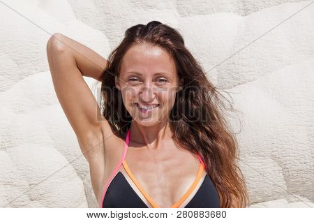 Fresh And Beautiful. Sexy Woman With Fit Suntan Body. Cotton Castle In Southwestern Turkey. Summer V
