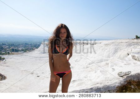 Fresh And Beautiful. Sexy Woman With Fit Suntan Body. Cotton Castle In Southwestern Turkey. Summer V