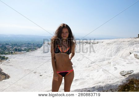 Fresh And Beautiful. Sexy Woman With Fit Suntan Body. Cotton Castle In Southwestern Turkey. Summer V
