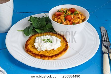 Traditional Colombian Breakfast Huevos Pericos With Corn Cakes