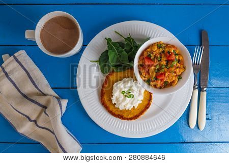 Traditional Colombian Breakfast Huevos Pericos With Corn Cakes